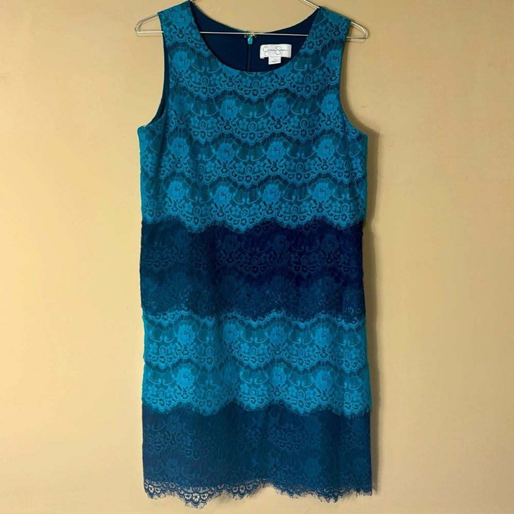 Jessica Simpson Size 4 Blue/Navy Ruffle Tiered Lace Sheath Dress